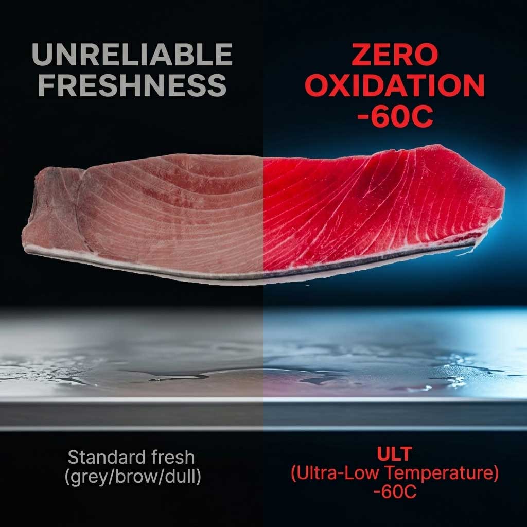 Example of a tuna slice half is Ultra-Low Temperature (ULT) freezing at -60°C (-76°F) other half is classic fresh fishing
