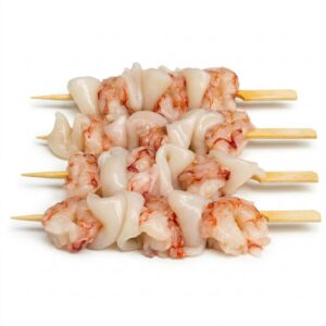 shrimp and cuttlefish brochette on a white background